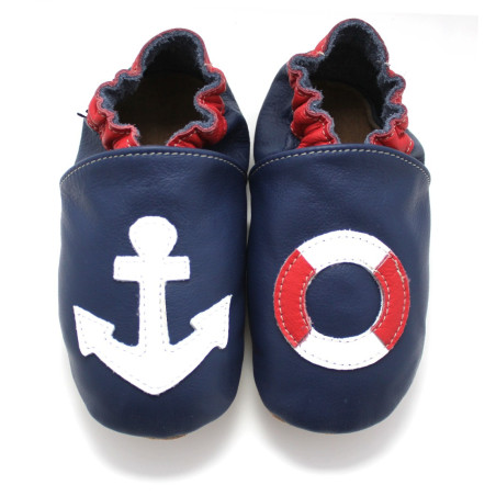 Chaussons Cuir Souple ancre marine