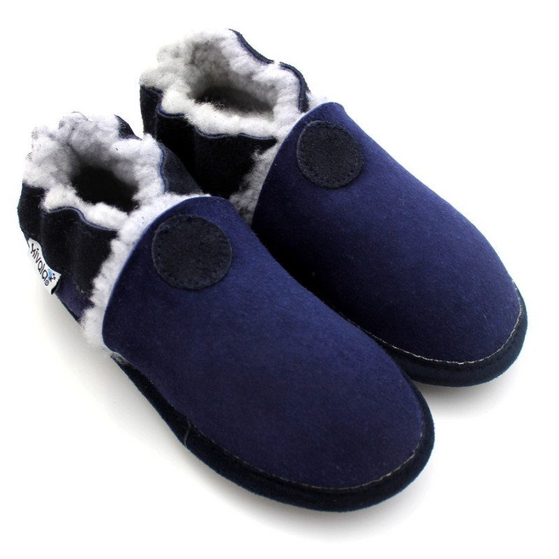 chaussons cuir souple fourrés marine