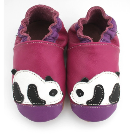 Chaussons cuir souple Panda rose prune